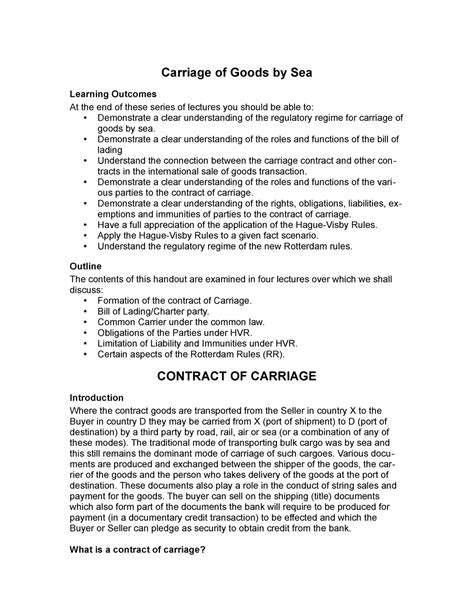 Contract Of Carriage Carriage Of Goods By Sea Learning Outcomes At