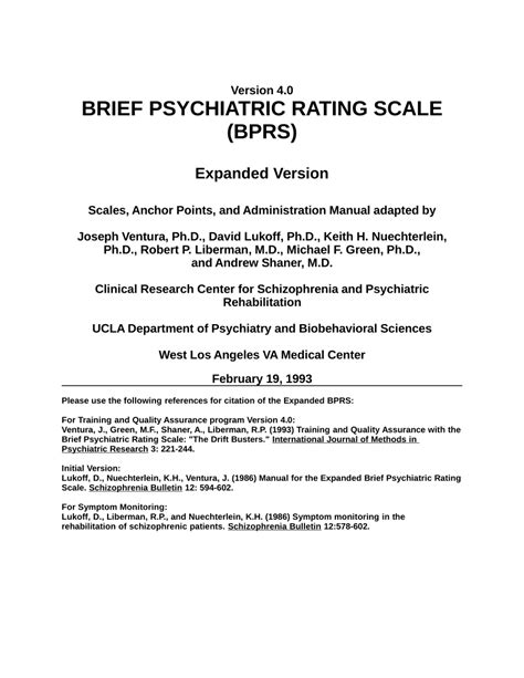 PDF Brief Psychiatric Rating Scale Expanded Version 4 0 Scales