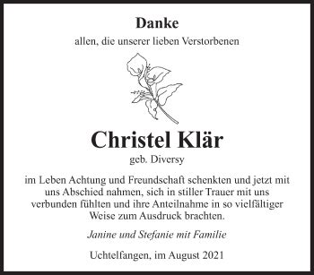 Traueranzeigen von Christel Klär Saarbruecker Zeitung Trauer de