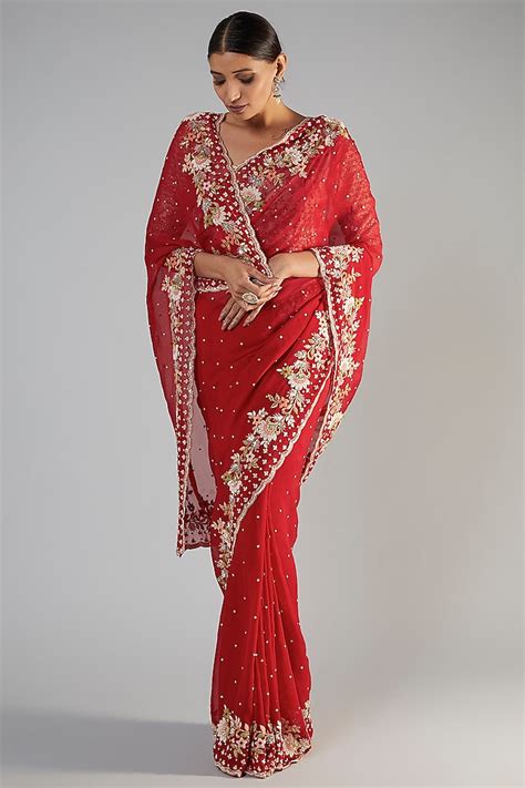 Red Tissue Organza Embroidered Saree Set Design By Kalighata At Pernia S Pop Up Shop 2024