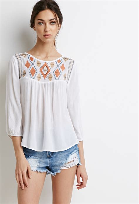 Forever 21 Diamond Embroidered Peasant Top In White Lyst