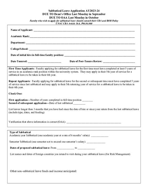 Fillable Online INSTRUCTIONS For Sabbatical Leave Application During