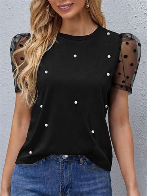 Shein Polka Dot Mesh Puff Sleeve Pearl Beaded Top Clothes For Women