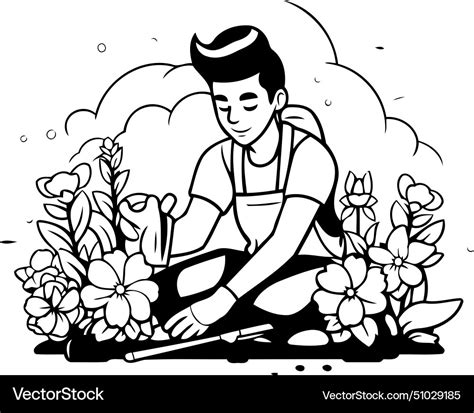 Gardener Working In The Garden Planting Flowers Vector Image