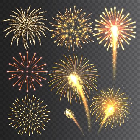 Set Of Bright Realistic Fireworks On A Transparent Background Vector