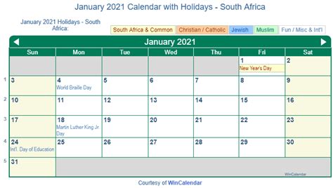 Print Friendly January 2021 South Africa Calendar for printing