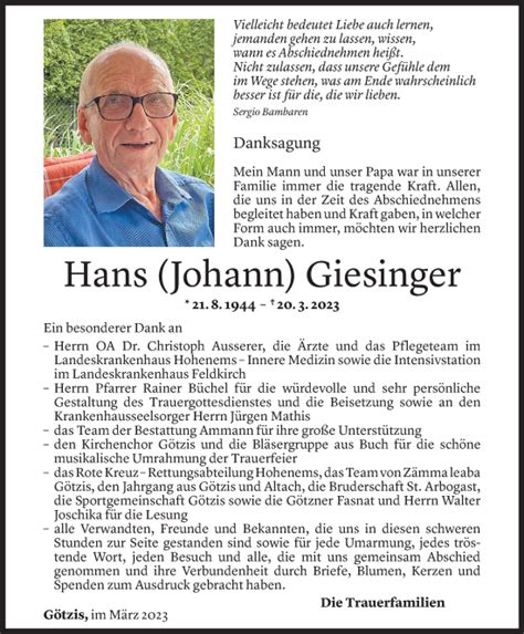 Todesanzeigen Von Hans Giesinger Todesanzeigen Vorarlberger Nachrichten