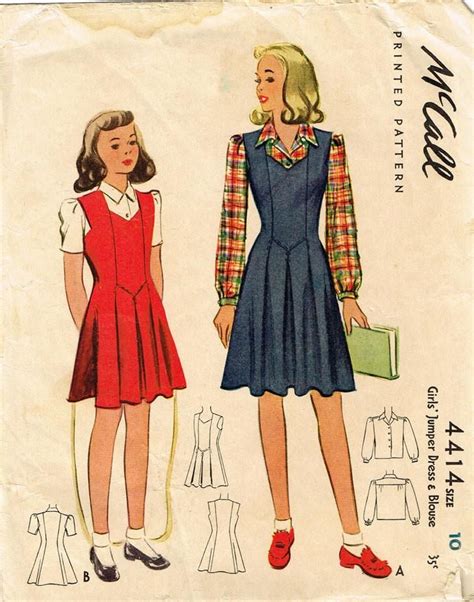 1940s Vintage Mccall Sewing Pattern 4414 Wwii Girls Jumper Dress Blouse Size 10 Girls Jumpers