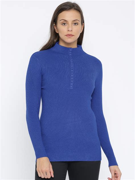 Buy And Women Blue Solid Pullover Sweater Sweaters For Women 2188664 Myntra