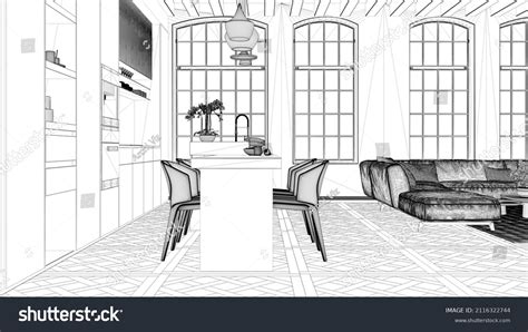 Blueprint Project Draft Modern Kitchen Living Stock Illustration 2116322744 | Shutterstock