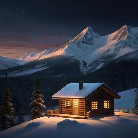 Premium Photo | An ultrarealistic cabin with warm light inside on a snow capped mountain at ...