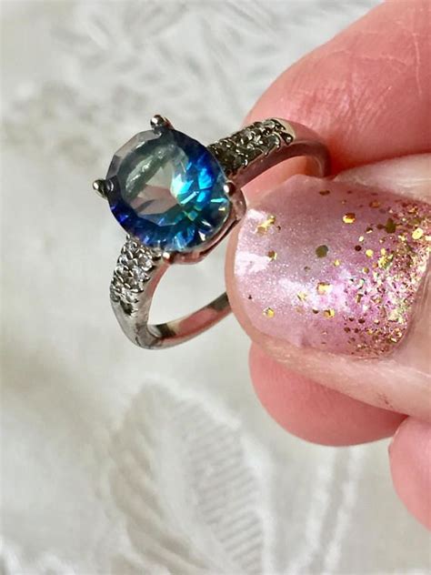 Blue Iridescent Oval Stone Ring Silver Plated Rainbow Stone Etsy