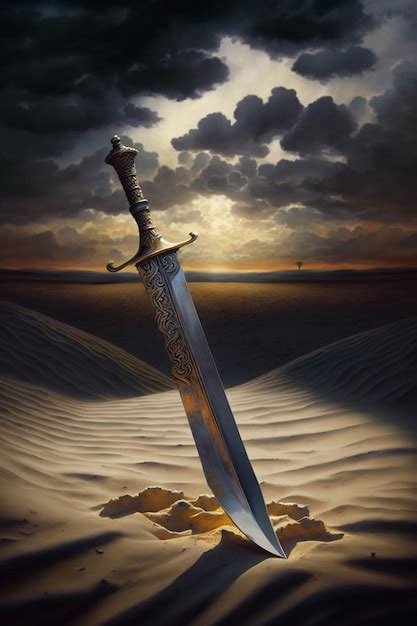 Premium Photo | A painting of a sword in the sand with the sun behind it