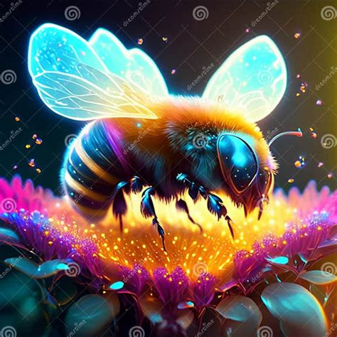 Illustration Of A Bee Pollinating A Flower On A Dark Background