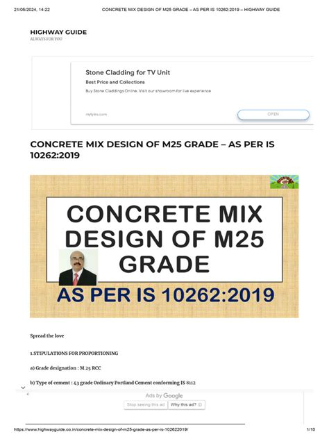 Concrete Mix Design Of M25 Grade As Per Is 10262 2019 Highway Guide Pdf Concrete