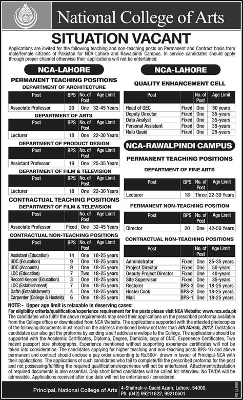 National College Arts Lahore Jobs