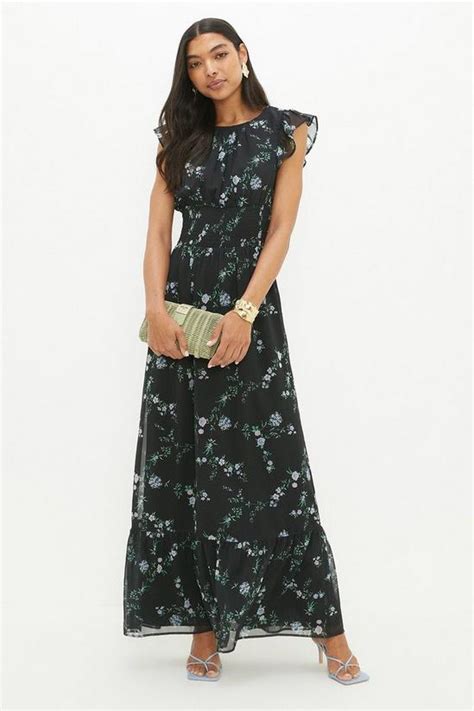 Dresses Tall Black Floral Chiffon Shirred Waist Midi Dress Dorothy