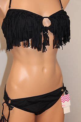 NWT Raisins Swimsuit Bikini 2pc Set Sz M L Bandeau Black Fringe EBay