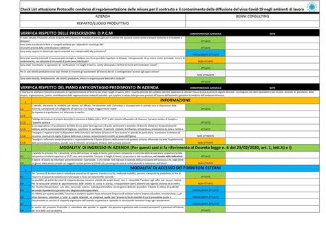 Check List Excel Attuazione Protocollo Condiviso Del Rischio Covid 19