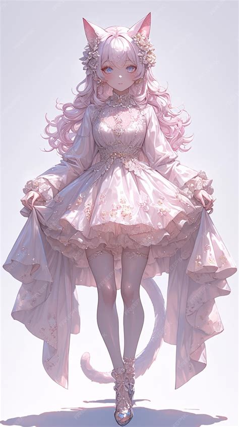Anime style image of a woman in a pink dress with a cat ears generative