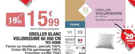 Promo Oreiller Blanc Volumissime 60 X 60 Cm Tex Home Chez Carrefour