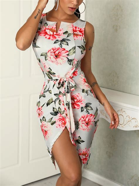 Shop Floral Print Belted Irregular Bodycon Dress Right Now Get Great