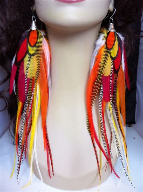 Handmade Feather Earrings Extra Long Sun Goddess Red Orange