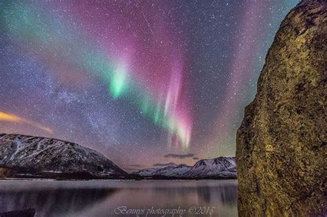 Purple Aurora And The Milky Way In Northern Norway