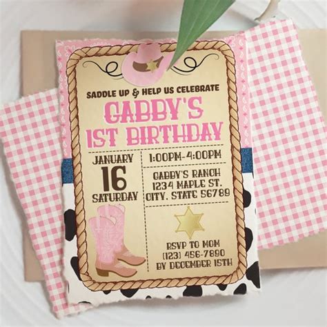 Cowgirl Birthday Invite Invitation Digital Pink Cowprint Party Etsy