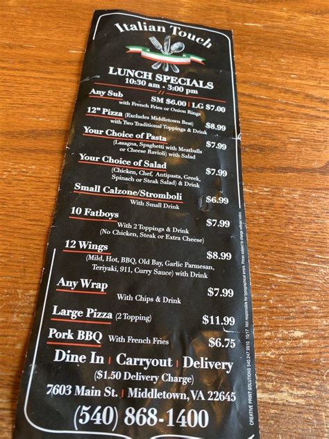 Menu At The Italian Touch Pizzeria Middletown