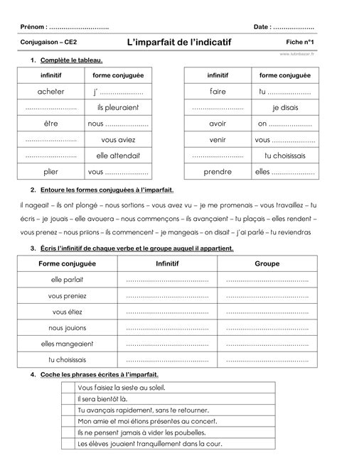 évaluation Imparfait Ce2 5