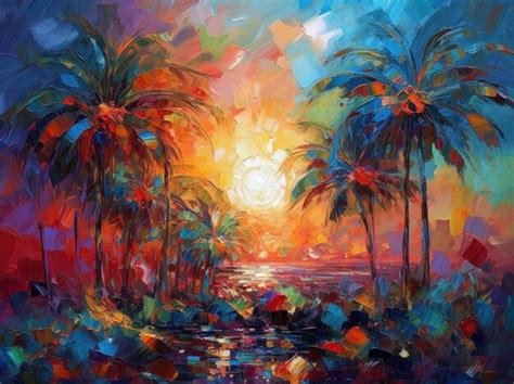 Premium AI Image | A painting of a sunset with palm trees in the foreground