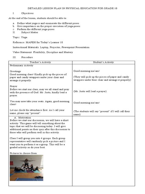 Detailed Lesson Plan In Physical Education For Grade 10 Pdf Yoga Asana