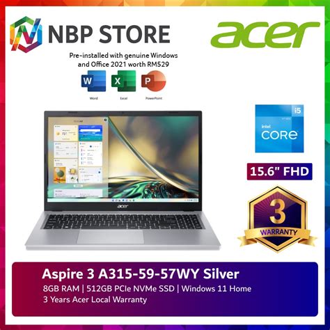 Acer Aspire 3 A315 59 57wy 156 Fhd Laptop Silver I5 1235u 8gb