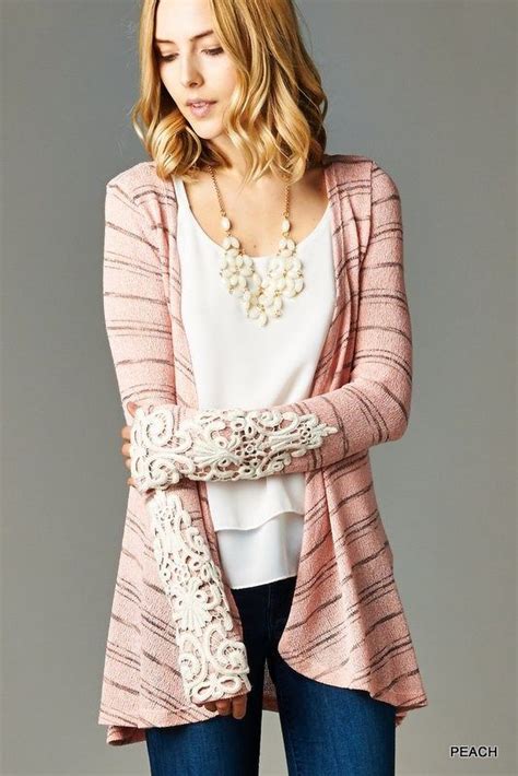 Peach Striped Cardigan W Lace Patch On Sleeves Striped Cardigan