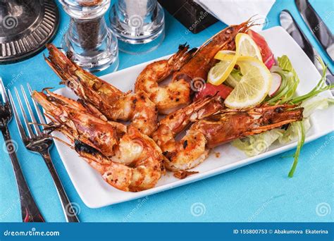 Plate With Assorted Sea Grill For Beer Fried King Prawns With Lemon