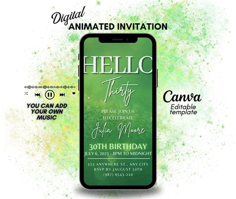 Hello 30th 40th Editable Digital Birthday Video Invitation Green