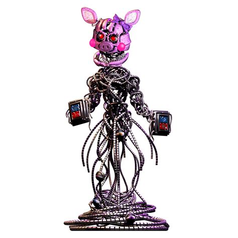 A Metal Figure With Pink And Purple Lights On Its Head Is Standing In