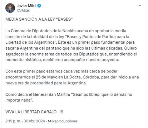 Javier Milei celebró la media sanción a la Ley Bases Es un primer