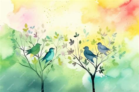 Premium Vector | A watercolor painting of birds on a tree.