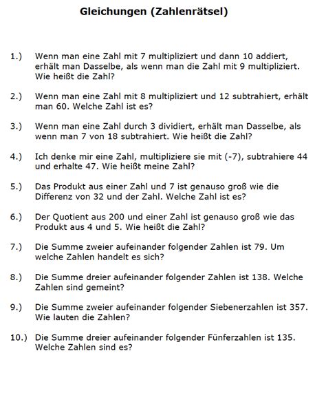 Gleichungen Textaufgaben Arbeitsblätter z B Altersrätsel lösen