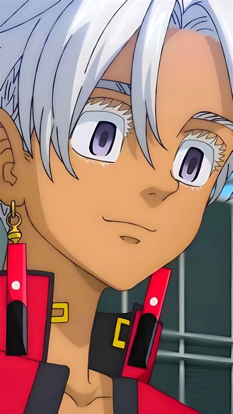 An Anime Character With White Hair And Blue Eyes Looking At The Camera While Wearing Red Overalls