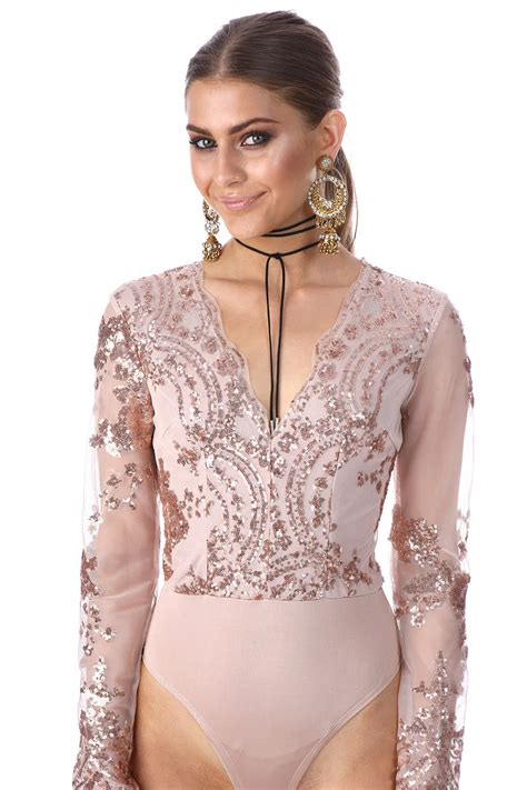 Sexy Champagne Golden Jumpsuit Bodysuit Sequined Deep V Neck Floral