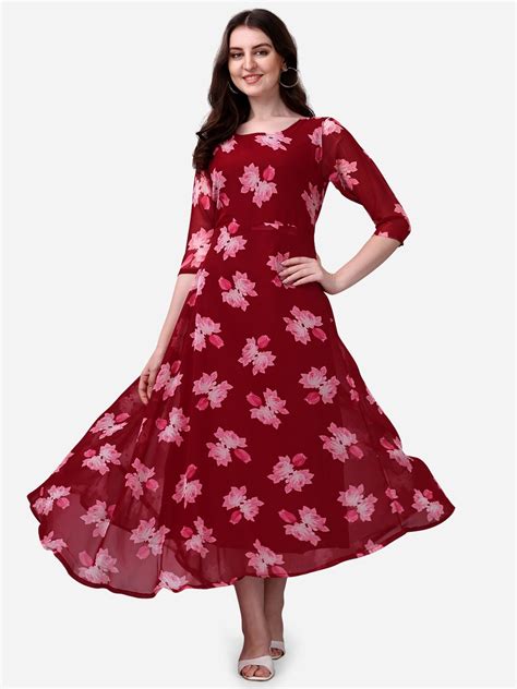 Buy Kalini Floral Printed Round Neck Georgette Fit And Flare Dress