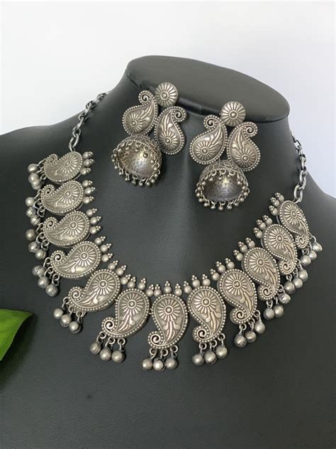 Oxidized Silver Necklace Set With Matching Jhumkas German Silver