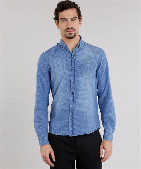 Camisa Jeans Masculina Comfort Estampada Manga Longa Azul Médio Ceacollections