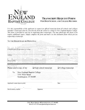 Fillable Online TRANSCRIPT REQUEST FORM New England Baptist College