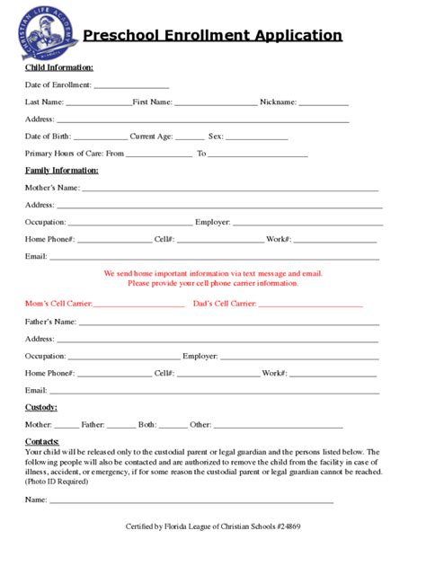 Fillable Online Cla Preschool Enrollment Application Fax