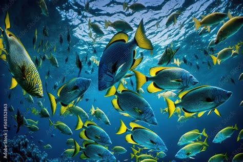 large group  fish swimming   ocean    blue