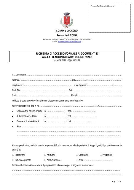 Richiesta Di Accesso Formale Ai Documenti E Agli Atti Amministrativi